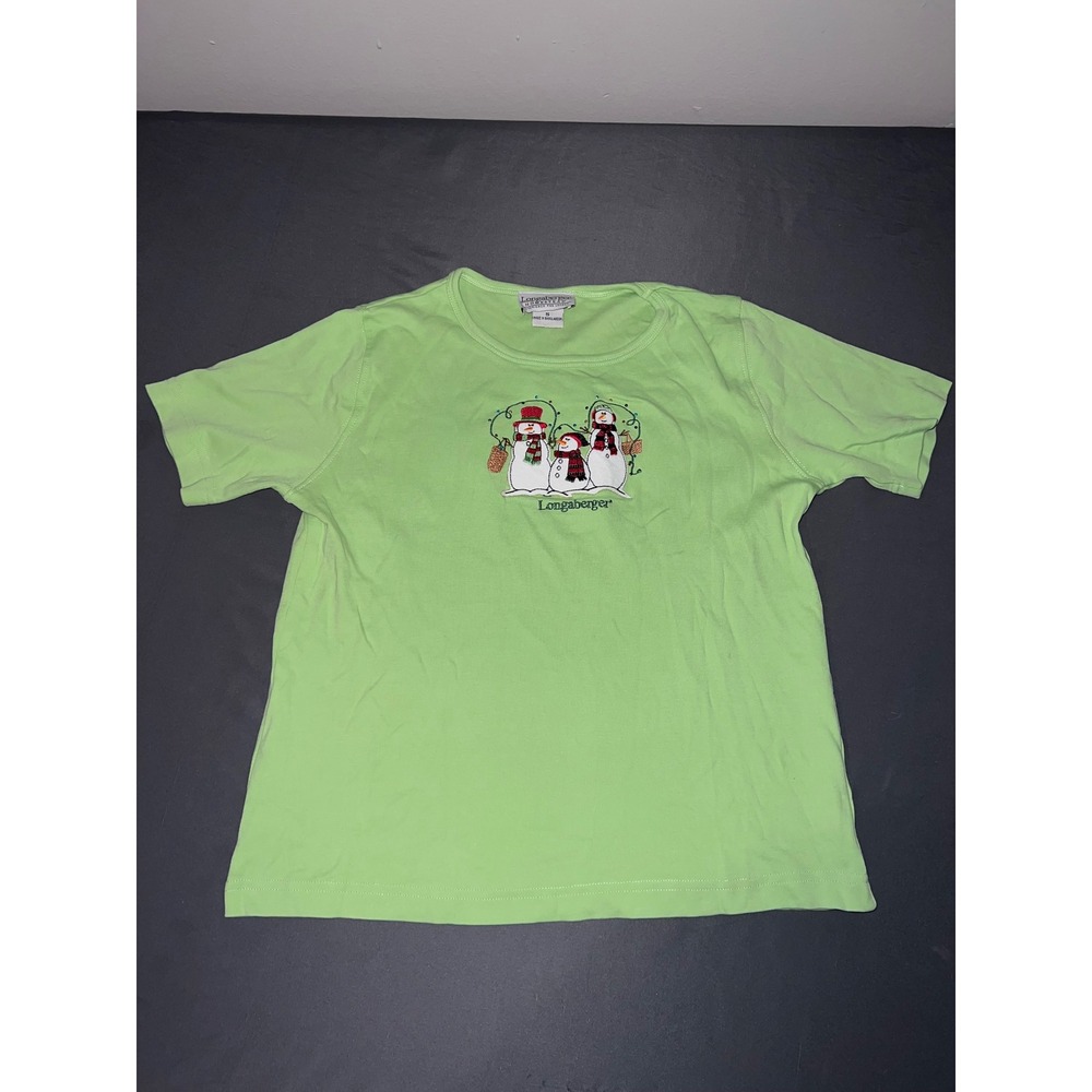 Longaberger Homestead Womens Small Lime Green Snowman Graphic T-Shirt Cotton
